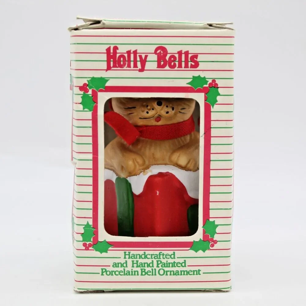 Holly Bells Porcelain Kitty Cat Bell Ornament Vintage 1986 Original Box a